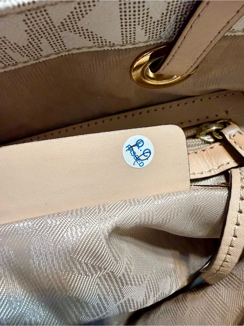 Michael Kors Beige Logo Tote with Blush Leather Straps and matching Wallet